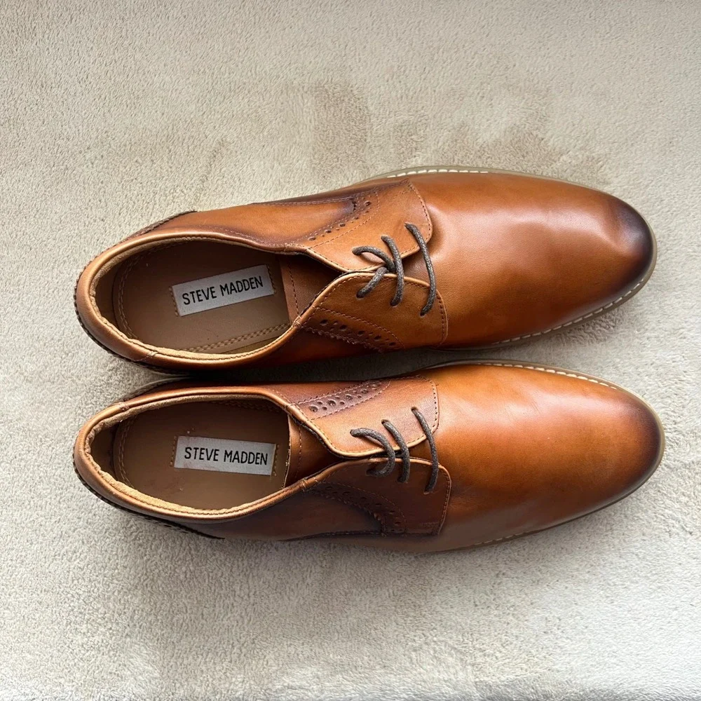 Steve Madden Brelman Men 8M Burnished Cognac Brown Leather Oxford‎ Dress Shoes